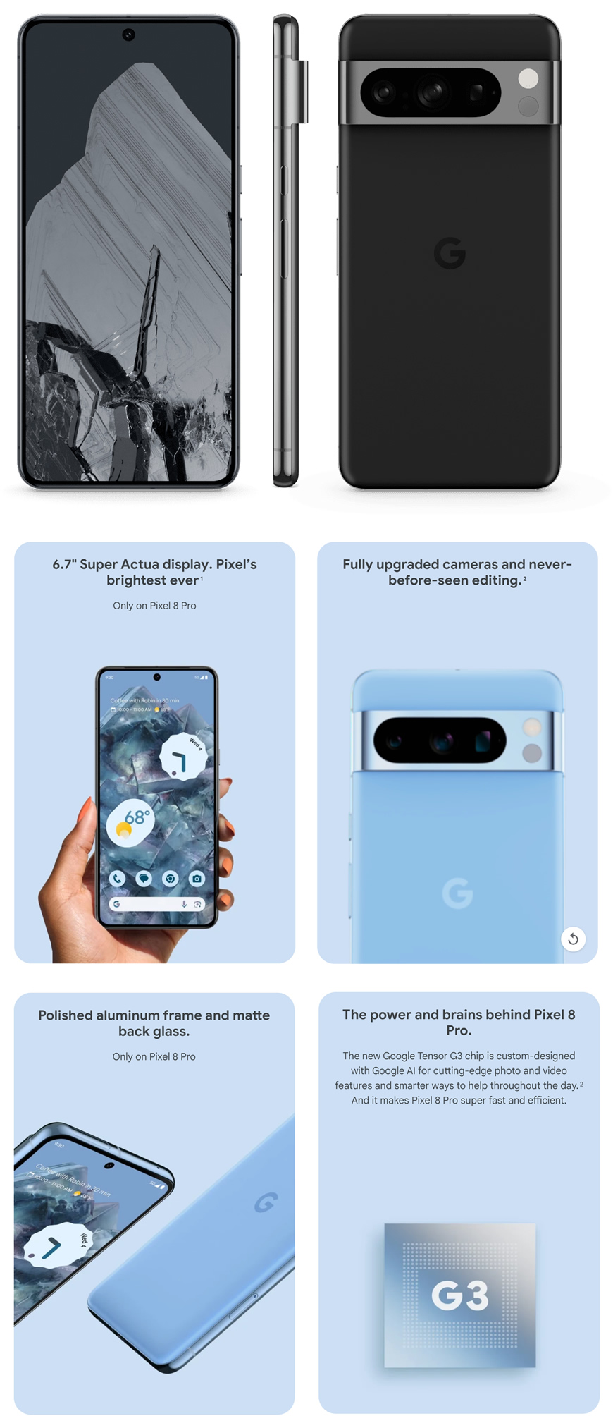 Google Pixel 8 Pro Smartphone, Android, 6.7”, 5G, SIM Free, 128GB, Obsidian